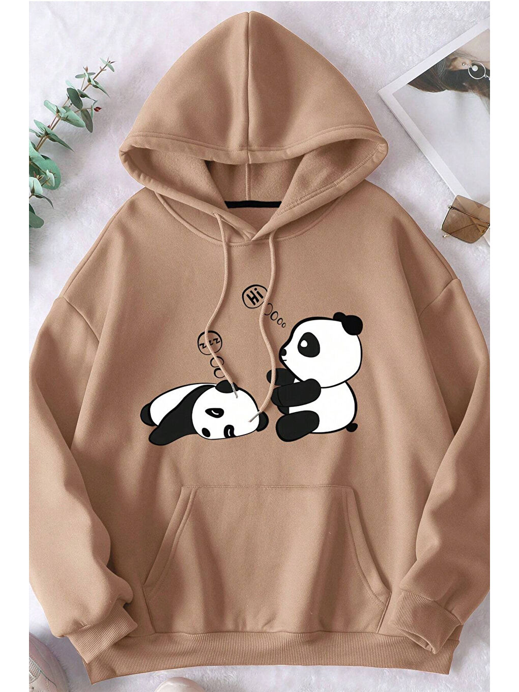 uyguntarz Bej Unisex Panda Baskılı Oversize Hoodie