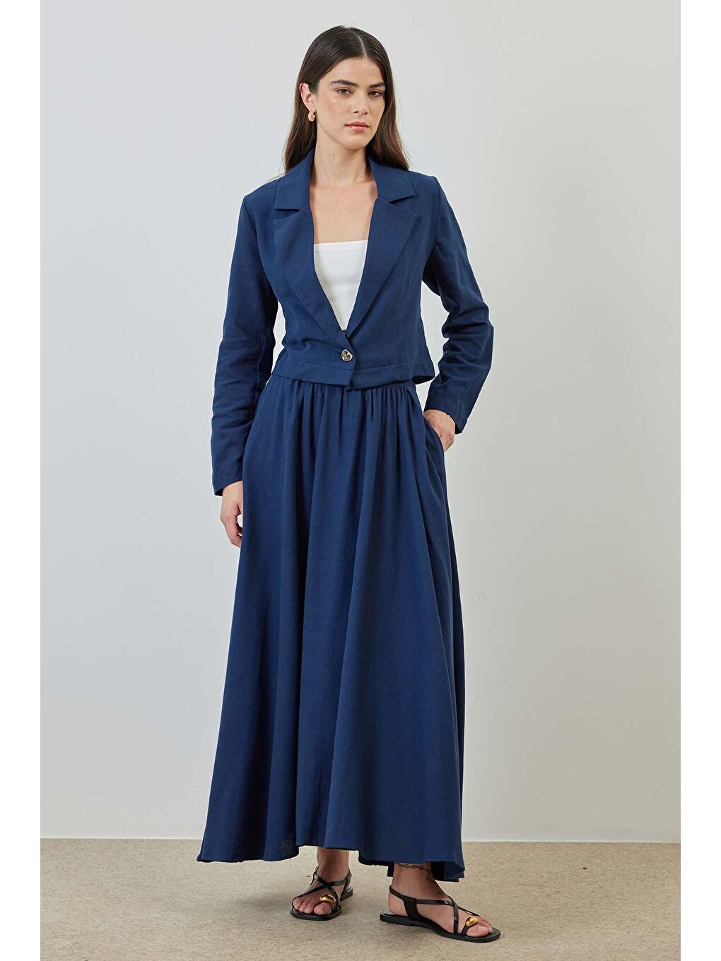 Keten Ceket Lacivert Etek Takım-1