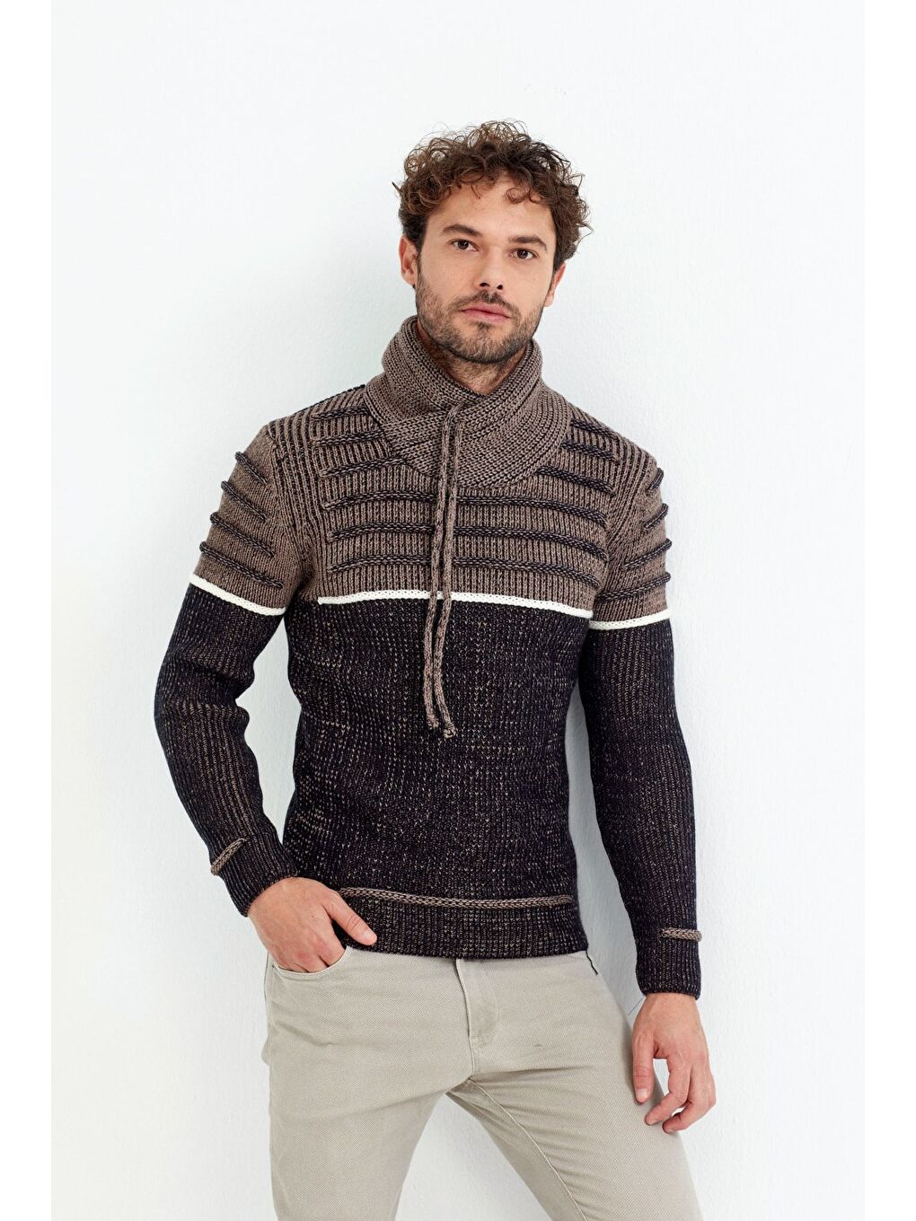 Lacivert Kahverengi/laci Şal Yaka Gögüs Çizgili Triko Kazak