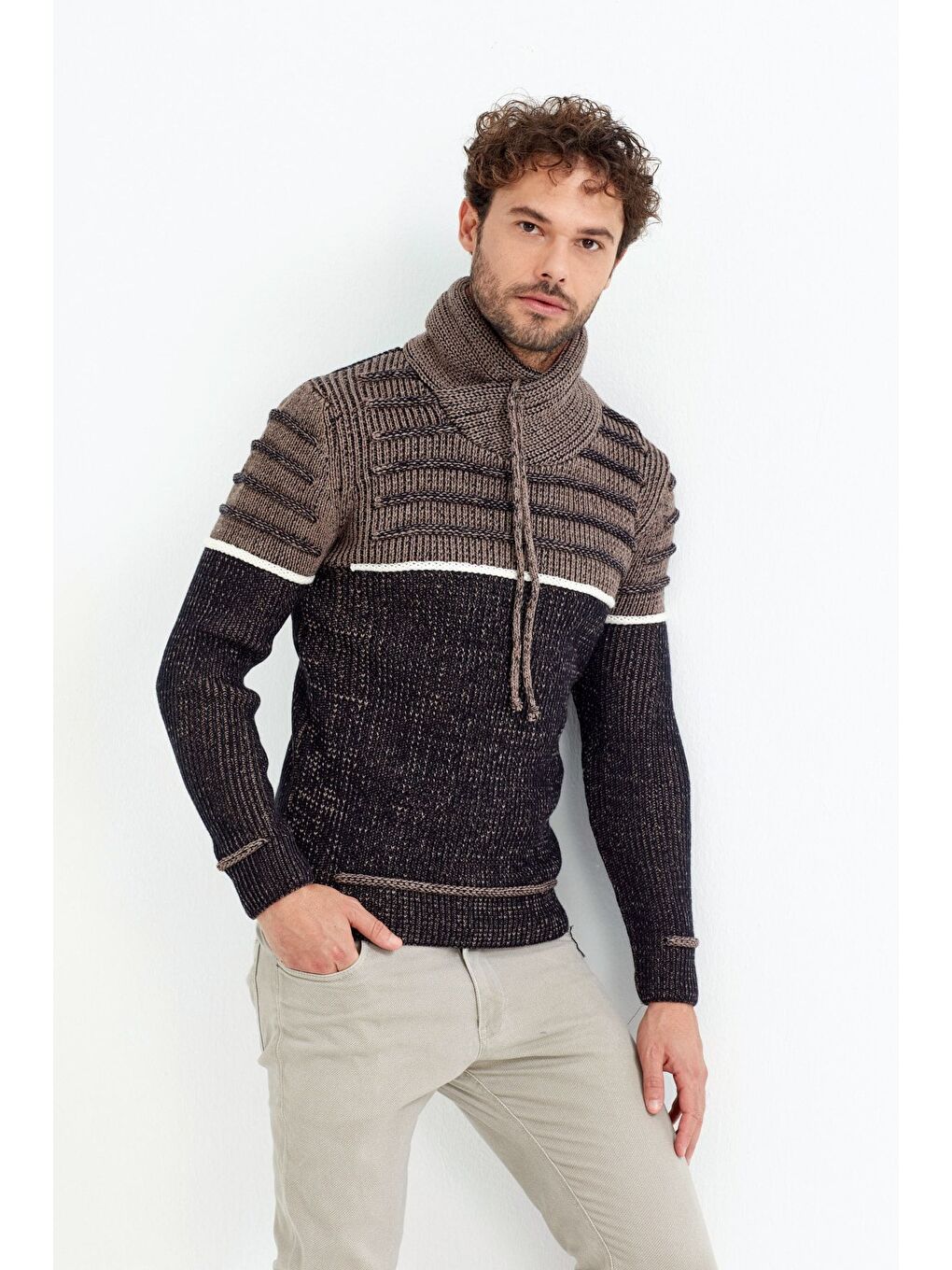 Lacivert Kahverengi/laci Şal Yaka Gögüs Çizgili Triko Kazak-1