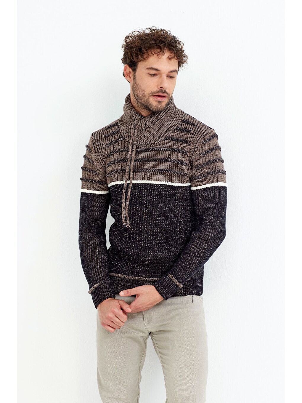 Lacivert Kahverengi/laci Şal Yaka Gögüs Çizgili Triko Kazak-2