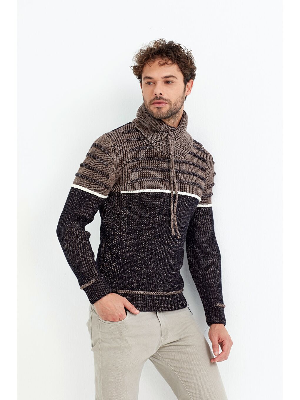 Lacivert Kahverengi/laci Şal Yaka Gögüs Çizgili Triko Kazak-3