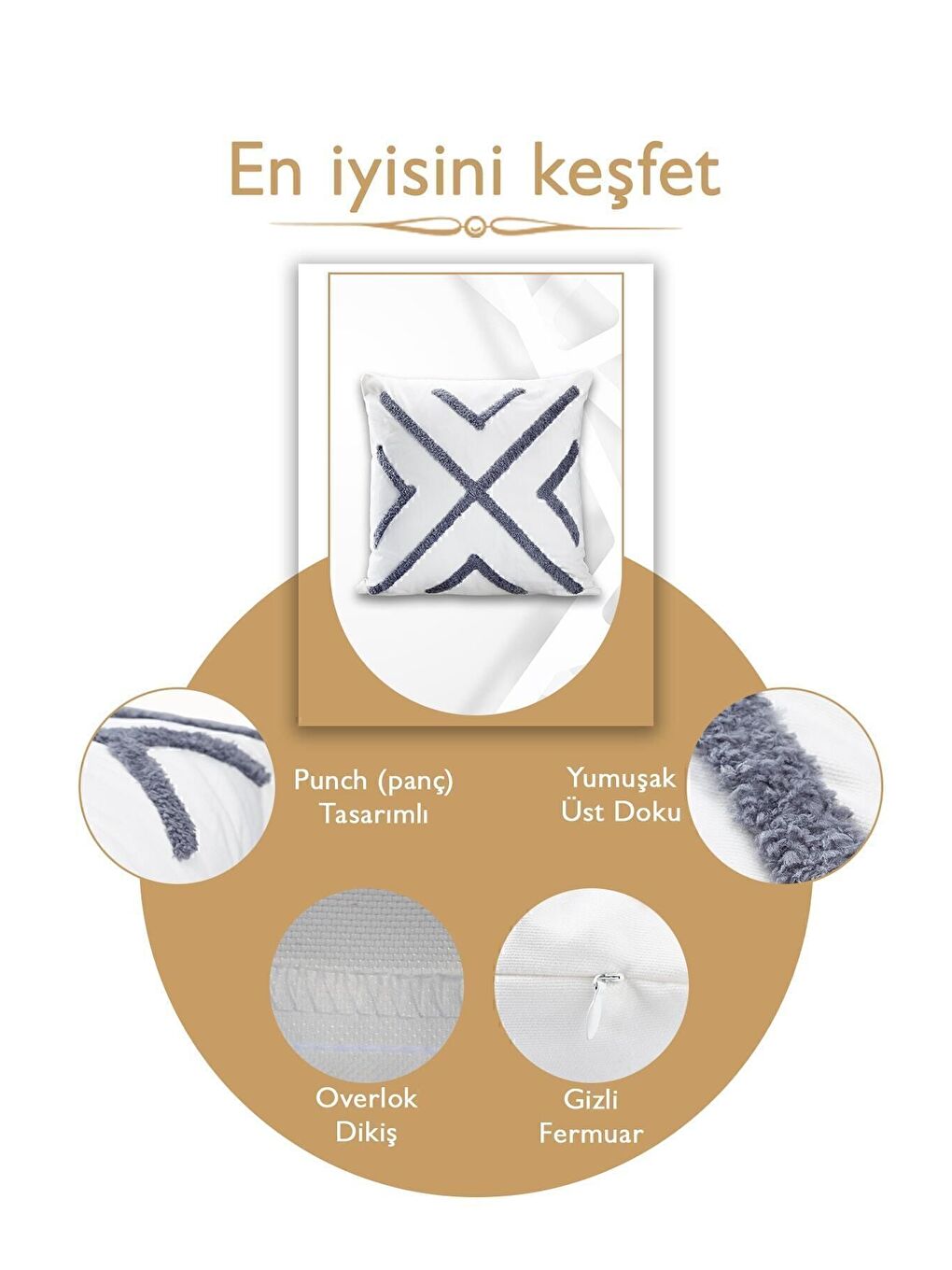 Gri Punch Tasarımlı Bohem Desenli Dekoratif Kırlent Kılıfı 45x45 Cm Etnik Otantik Panç-3