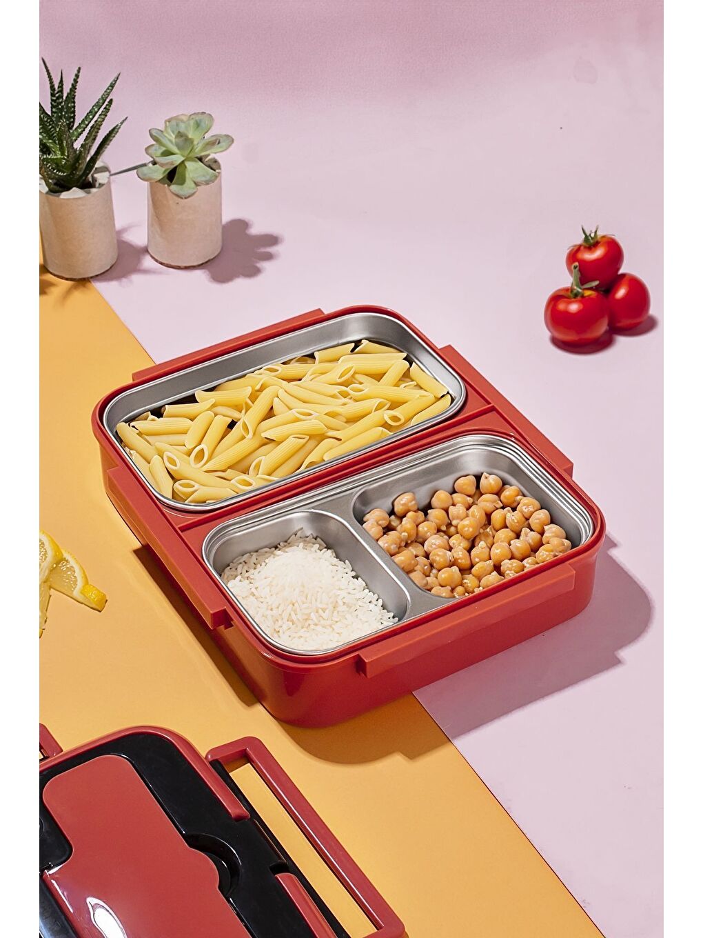 Porsima Kırmızı 1392-2 Çelik 3 Bölmeli Yemek Termosu Beslenme Kutusu Lunchbox Sefer Tası-KIRMIZI