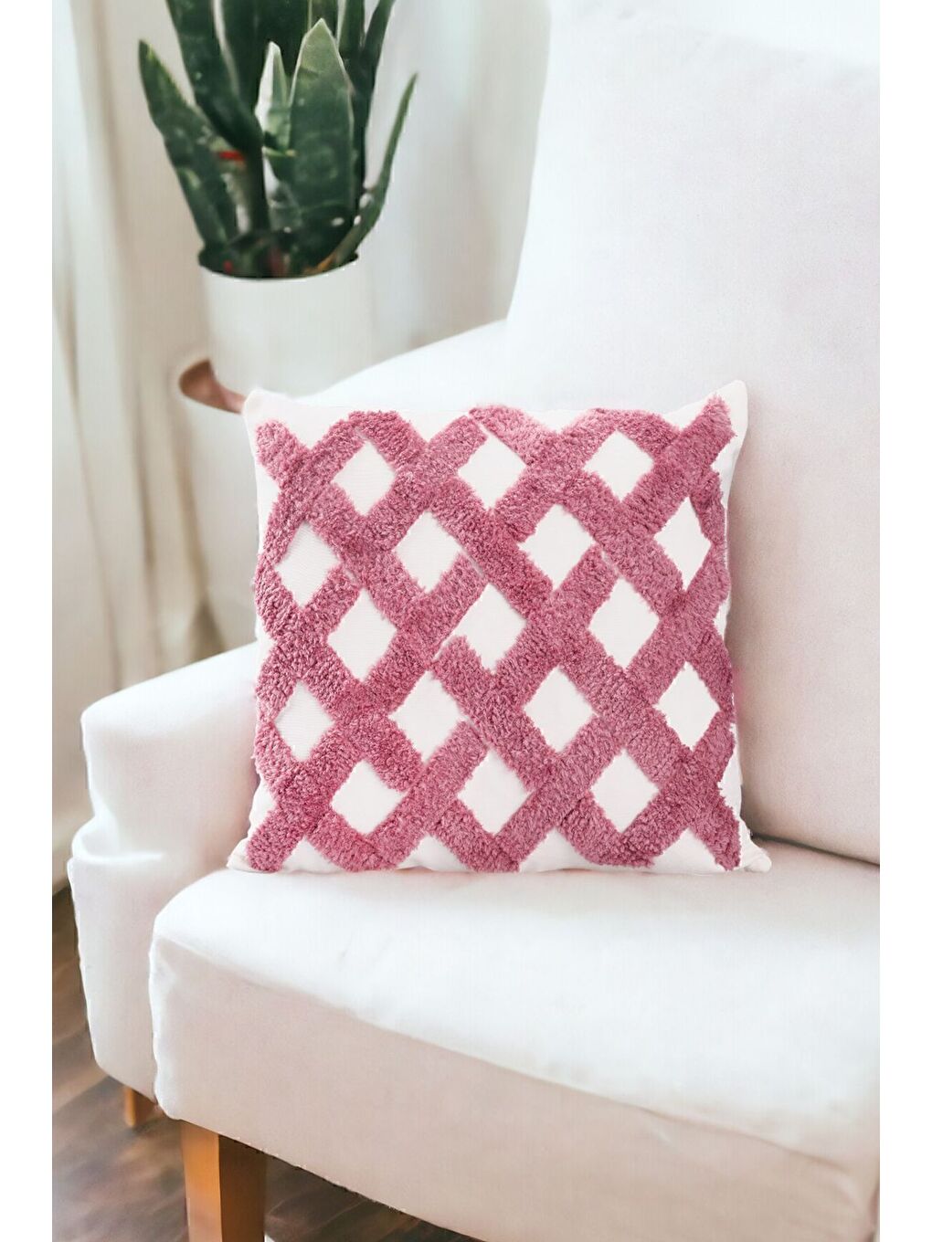 Pembe Punch Tasarımlı Bohem Desenli Dekoratif Kırlent Kılıfı 45x45 Cm Etnik Otantik Panç