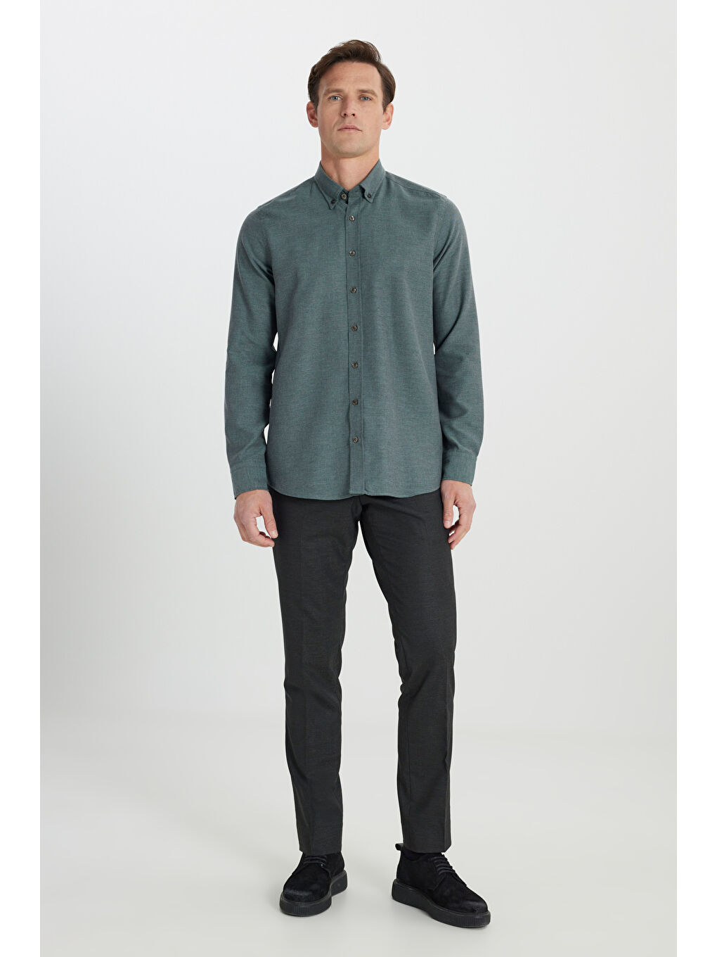 Erkek Koyu Yeşil Pamuklu Flanel Slim Fit Dar Kesim Düğmeli Yaka Gömlek-1