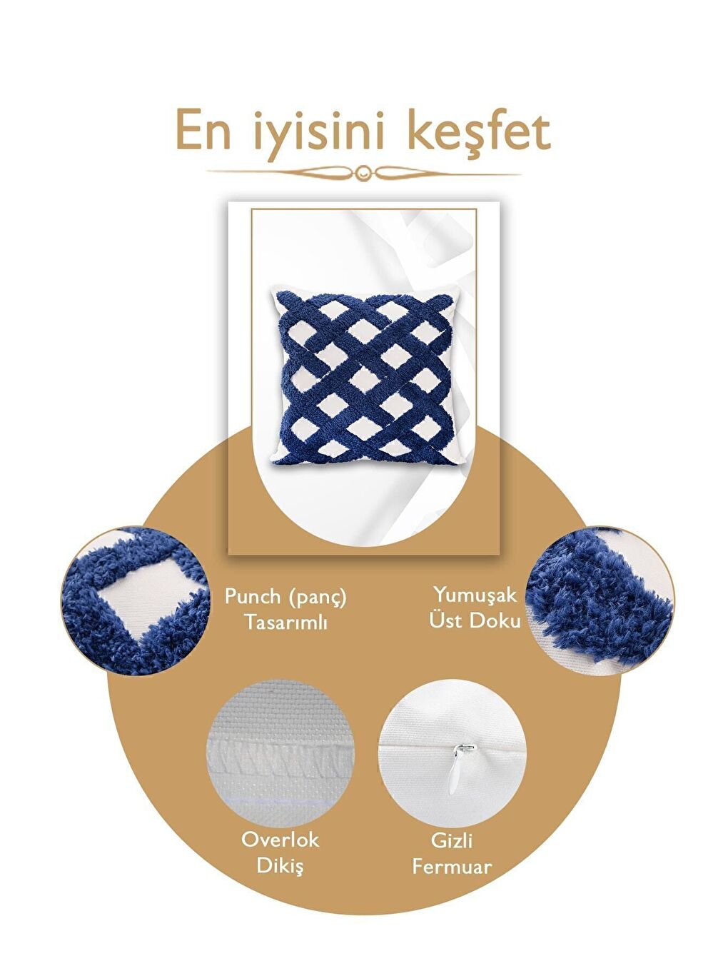 Lacivert Punch Tasarımlı Bohem Desenli Dekoratif Kırlent Kılıfı 45x45 Cm Etnik Otantik Panç-3