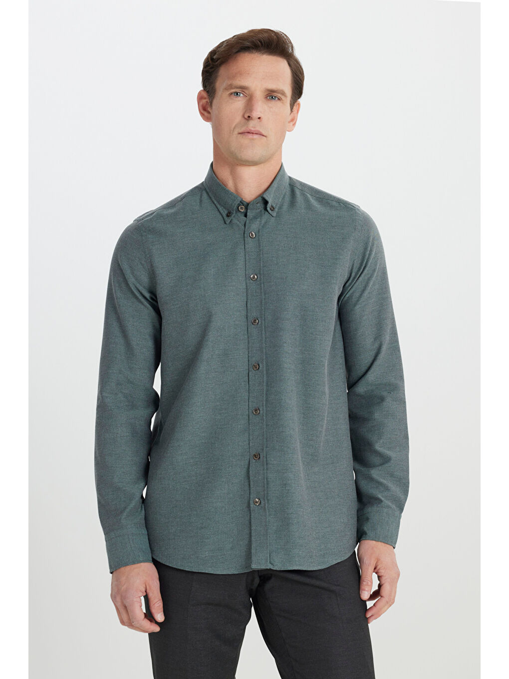 Erkek Koyu Yeşil Pamuklu Flanel Slim Fit Dar Kesim Düğmeli Yaka Gömlek-2