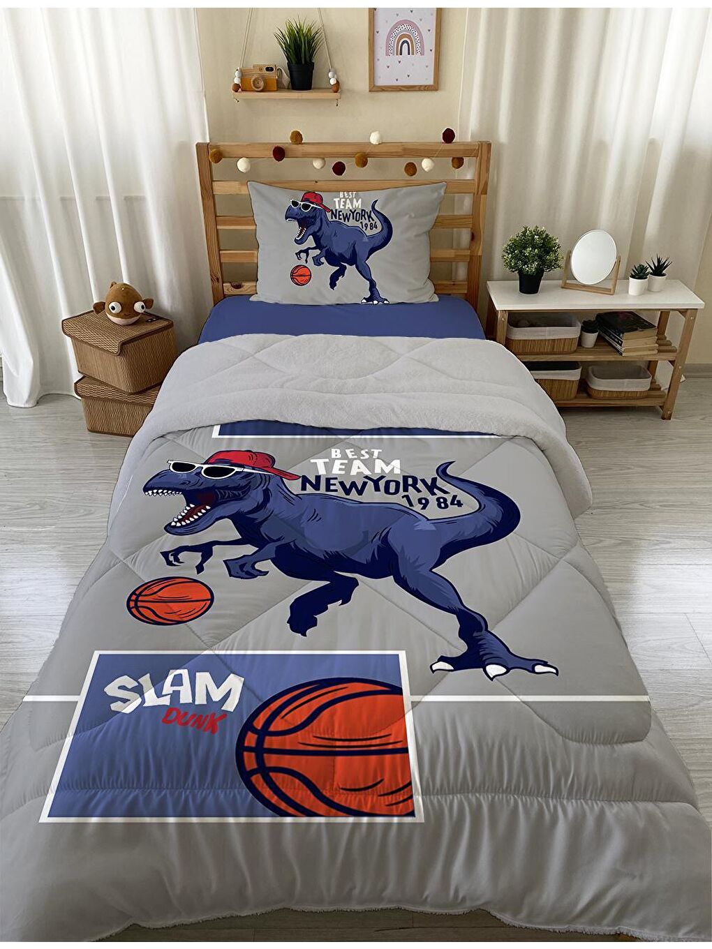 EVMİLA Gri Dinozor Desenli Tek Kişilik 160x220 Cm Wellsoft Çift Taraflı Silikon Yorgan Ve Uyku Seti