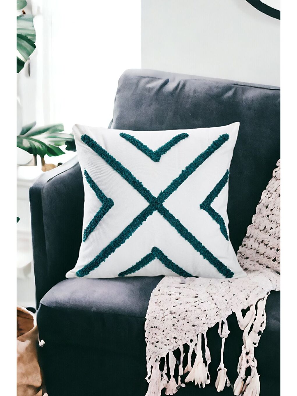 Yeşil Punch Tasarımlı Bohem Desenli Dekoratif Kırlent Kılıfı 45x45 Cm Etnik Otantik Panç