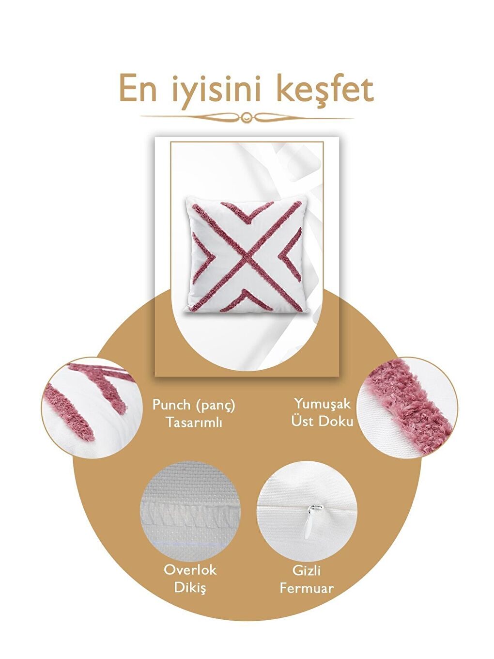 Pembe Punch Tasarımlı Bohem Desenli Dekoratif Kırlent Kılıfı 45x45 Cm Etnik Otantik Panç-3