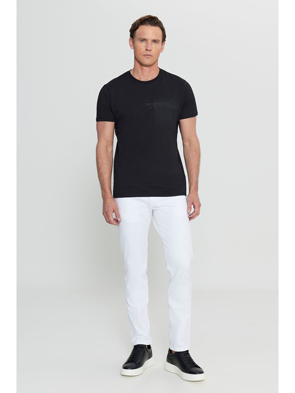 Erkek Siyah Pamuklu Slim Fit Dar Kesim Baskılı Bisiklet Yaka Esnek Tişört-1