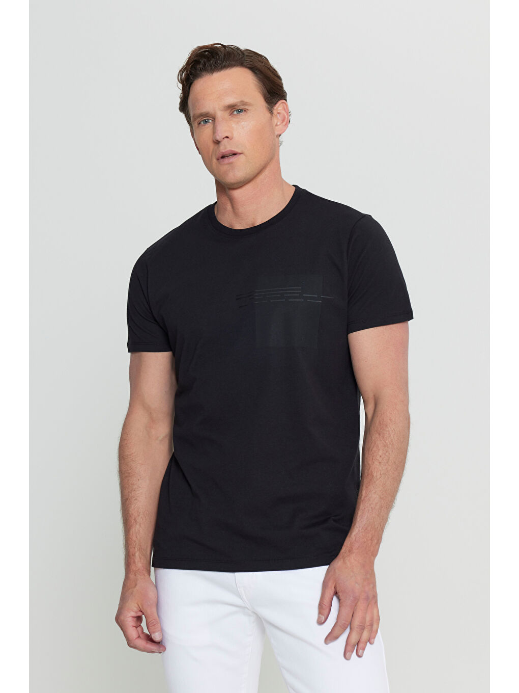 Erkek Siyah Pamuklu Slim Fit Dar Kesim Baskılı Bisiklet Yaka Esnek Tişört-2