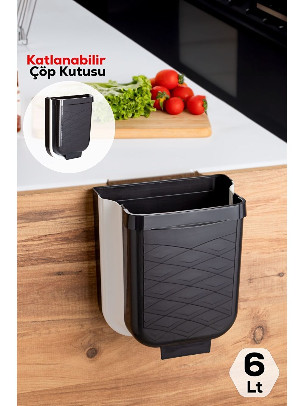 Porsima Siyah-Beyaz L-00869 Katlanabilir Askılı Akordiyon Çöp Kovası - Banyo Mutfak Tezgah Üstü Çöp Kutusu 6 Lt