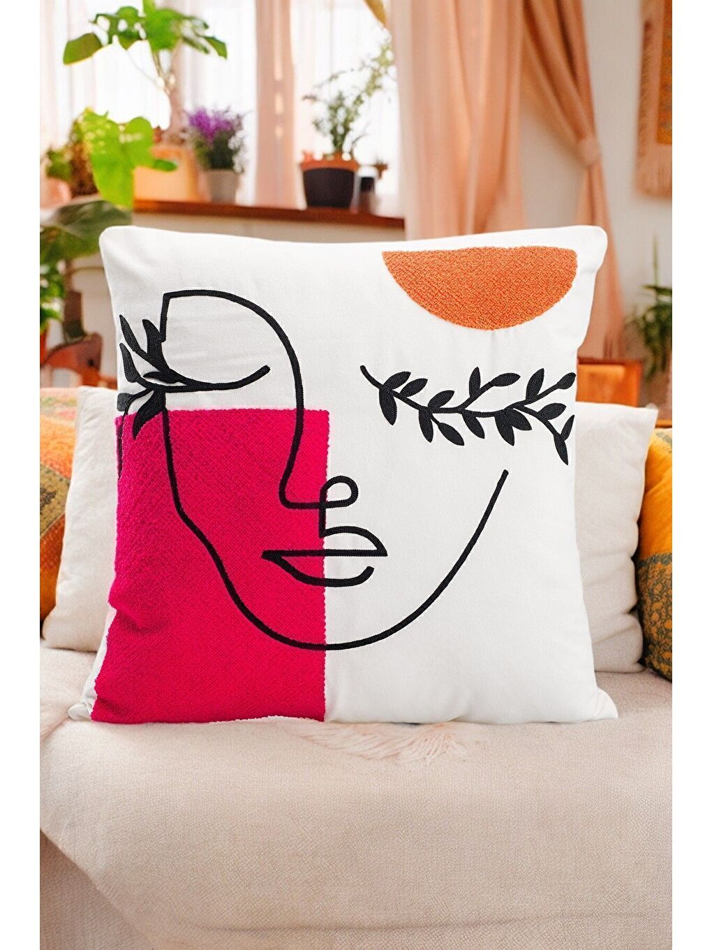 ASDIVA Beyaz Bohem 45x45 Özel Tasarım Punch Panç Süzene Desen Dekoratif Kırlent Kılıfı modern