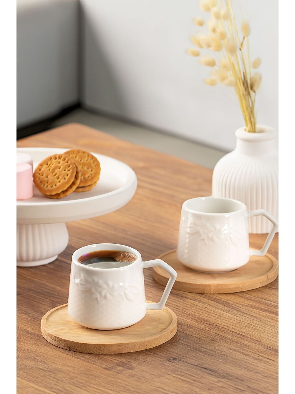 Beyaz 101572 6 Kişilik Bambu Tabaklı Kahve Fincanı Takımı- 12 Parça Türk Kahvesi Fincan Takımı