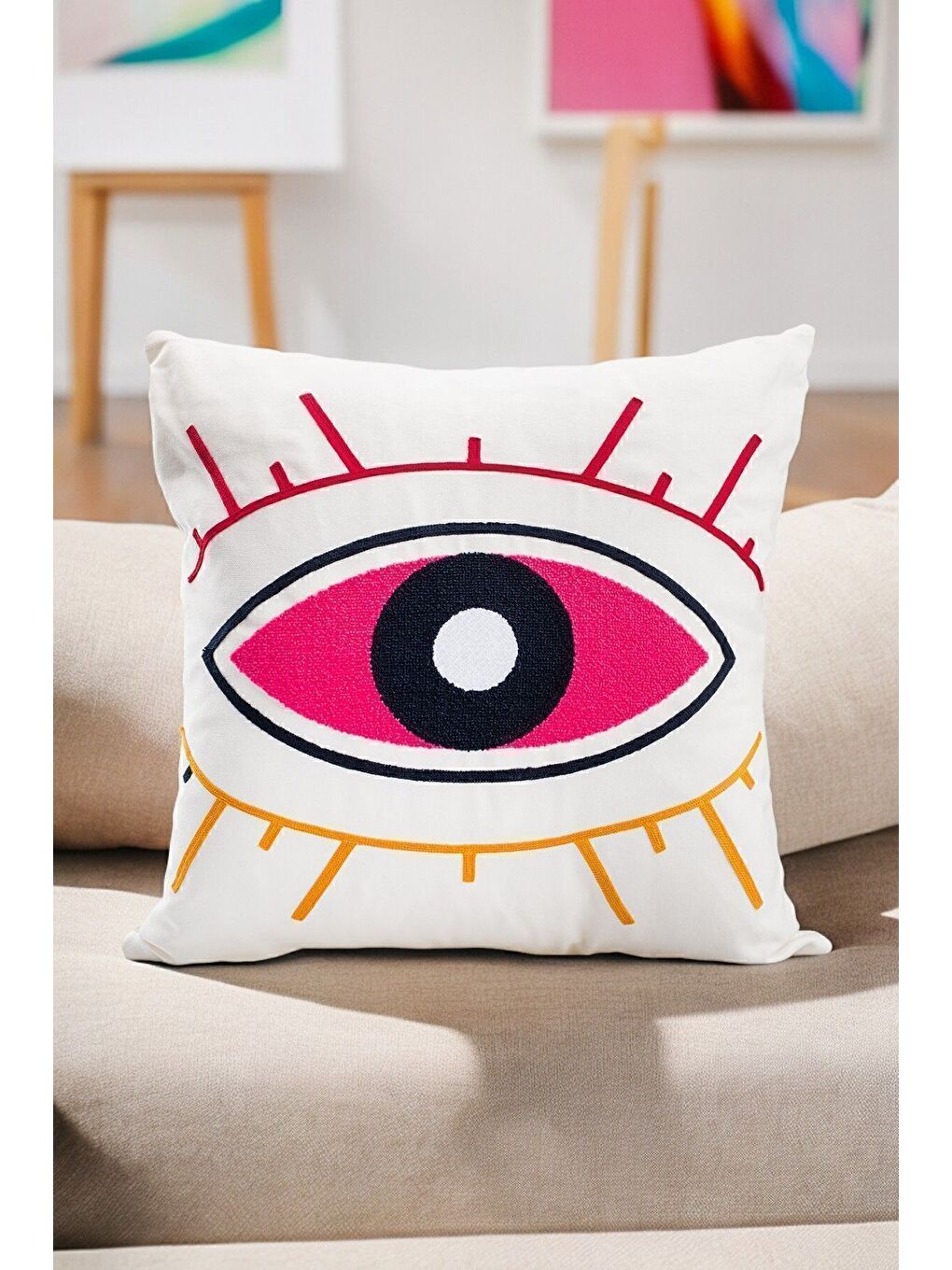 Beyaz Bohem 45x45 Özel Tasarım Punch Panç Süzene Desen Dekoratif Kırlent Kılıfı modern