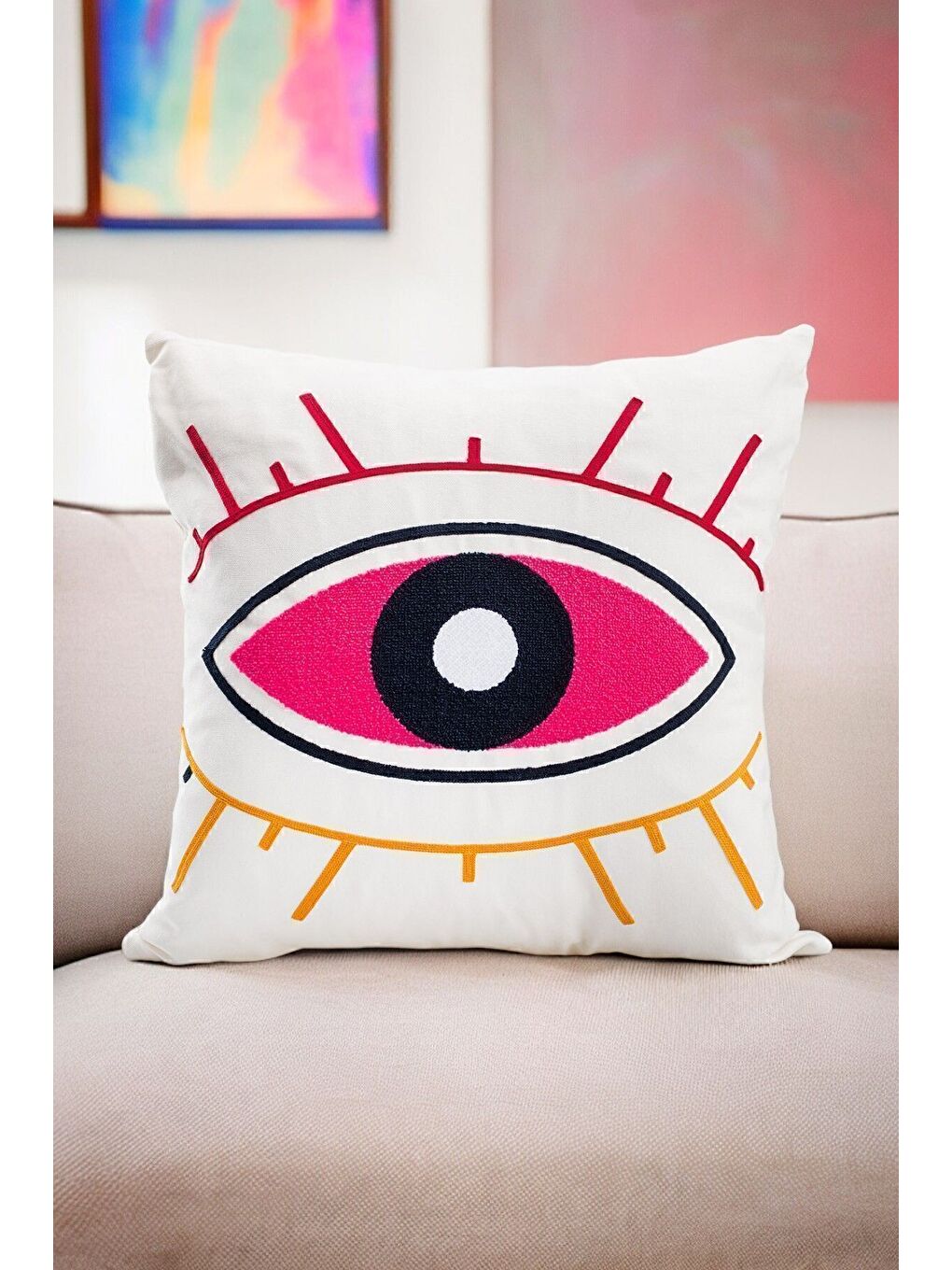 Beyaz Bohem 45x45 Özel Tasarım Punch Panç Süzene Desen Dekoratif Kırlent Kılıfı modern-3