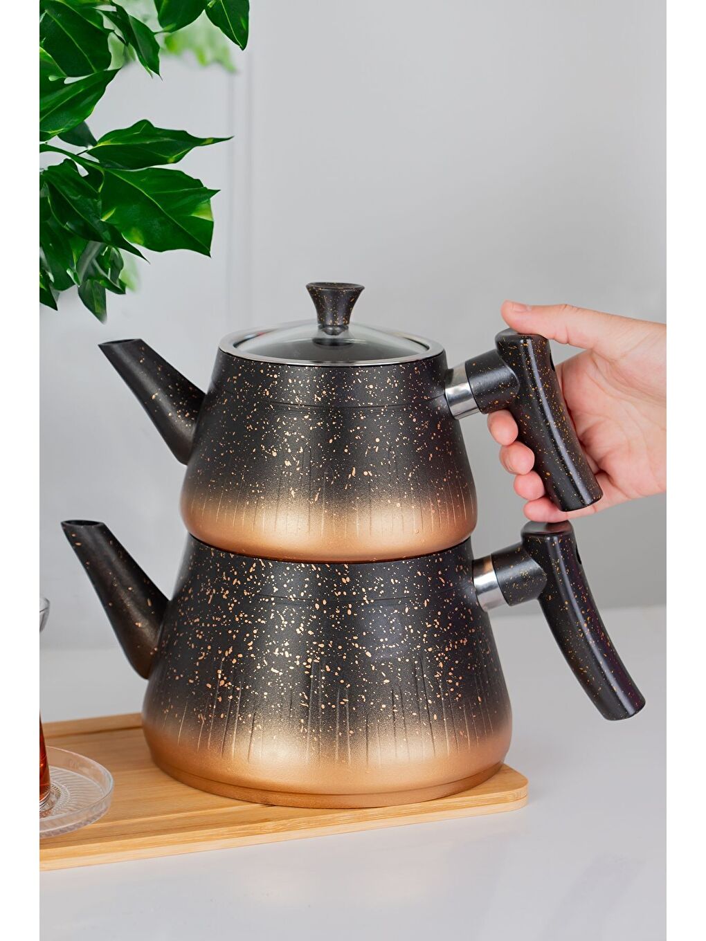 Redline Bakalit Kulp Granit Çaydanlık Takımı Siyah - Granit Çaydanlık Takımı