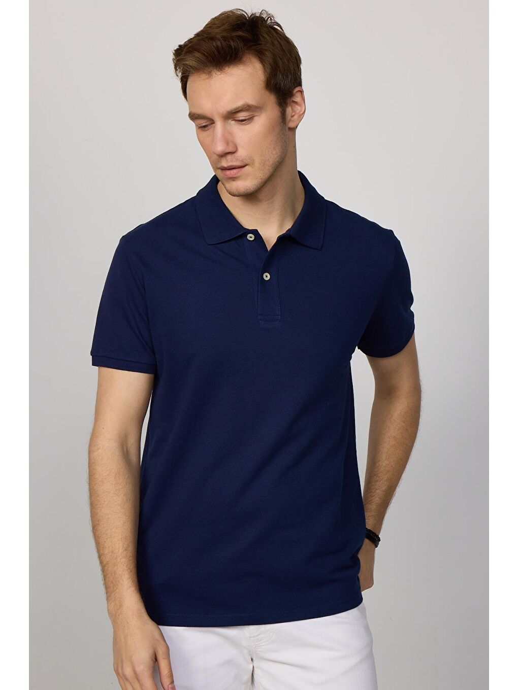 TUDORS Lacivert Erkek Slim Fit Dar Kesim %100 Pamuk Düz Pike Lacivert Polo Yaka Tişört