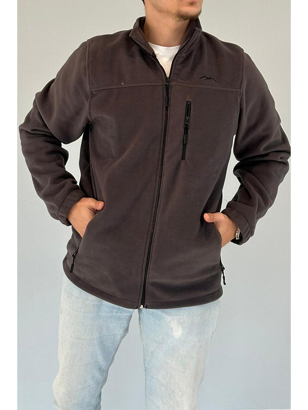 Gri 3 Cepli Dik Yaka Polar Erkek Fermuarlı Sweatshirt Hırka