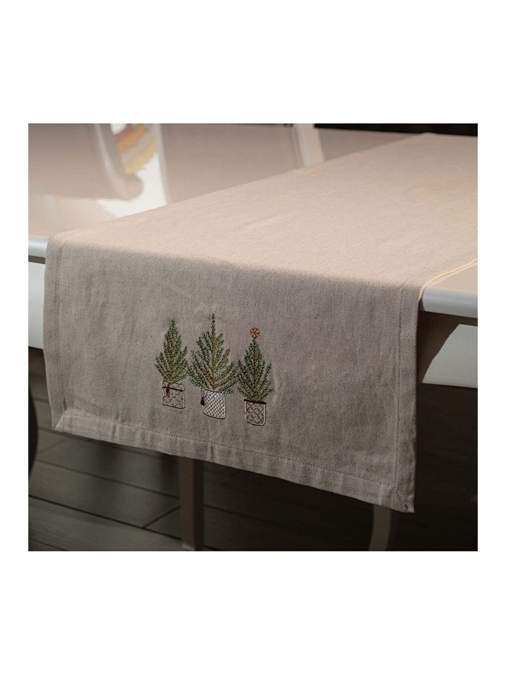 Bej Nakışlı  Yılbaşı konsepti Keten kumaş Çam Ağaç Desen 45x140 Runner Krem