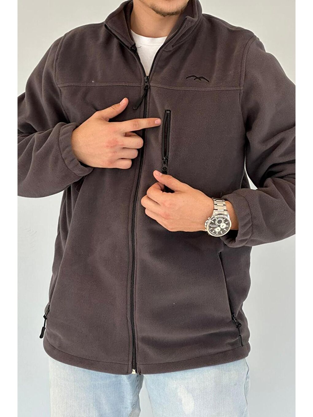 Gri 3 Cepli Dik Yaka Polar Erkek Fermuarlı Sweatshirt Hırka-1