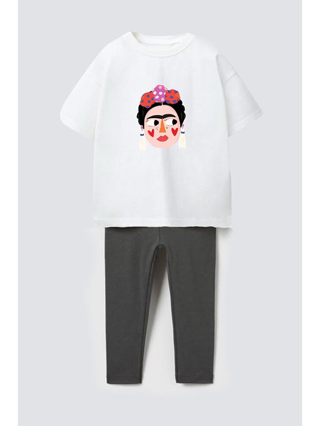 Antrasit Kız Çocuk Frida Baskılı Pamuklu Fitilli Taytlı Altüst Takım