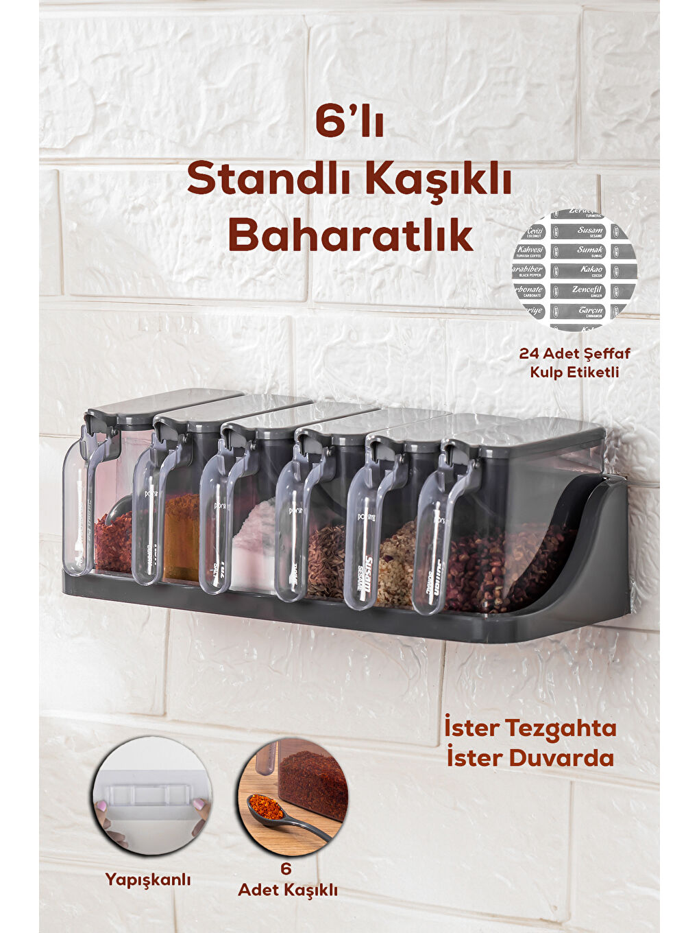 Porsima Antrasit 6 lı Standlı Kendinden Yapışkanlı Kapaklı Kaşıklı Baharatlık Takımı -Baharatlık