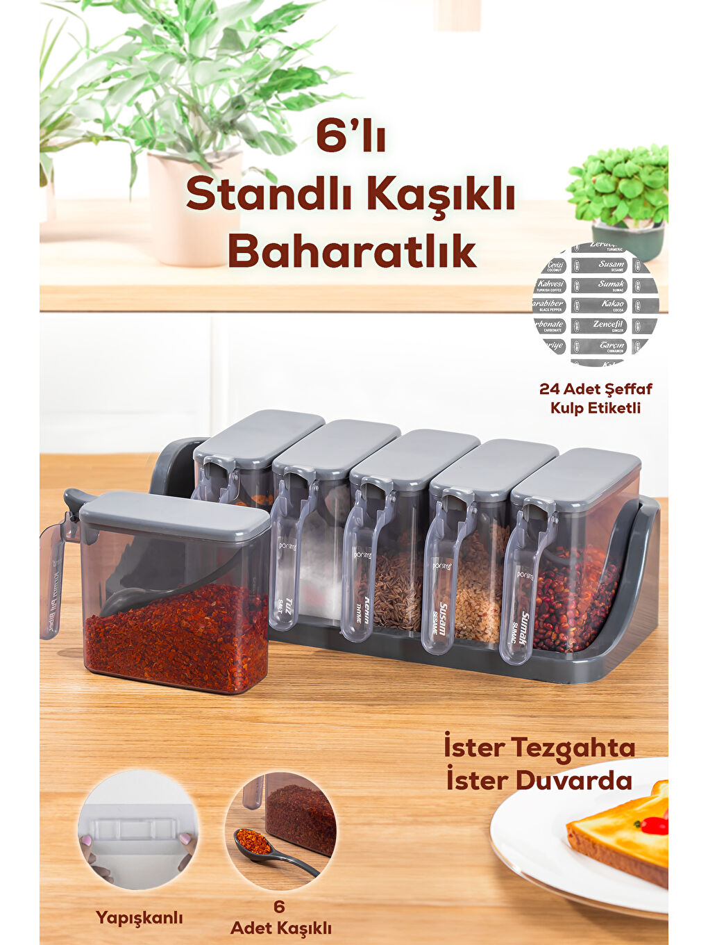 Porsima Antrasit 6 lı Standlı Kendinden Yapışkanlı Kapaklı Kaşıklı Baharatlık Takımı -Baharatlık - 3