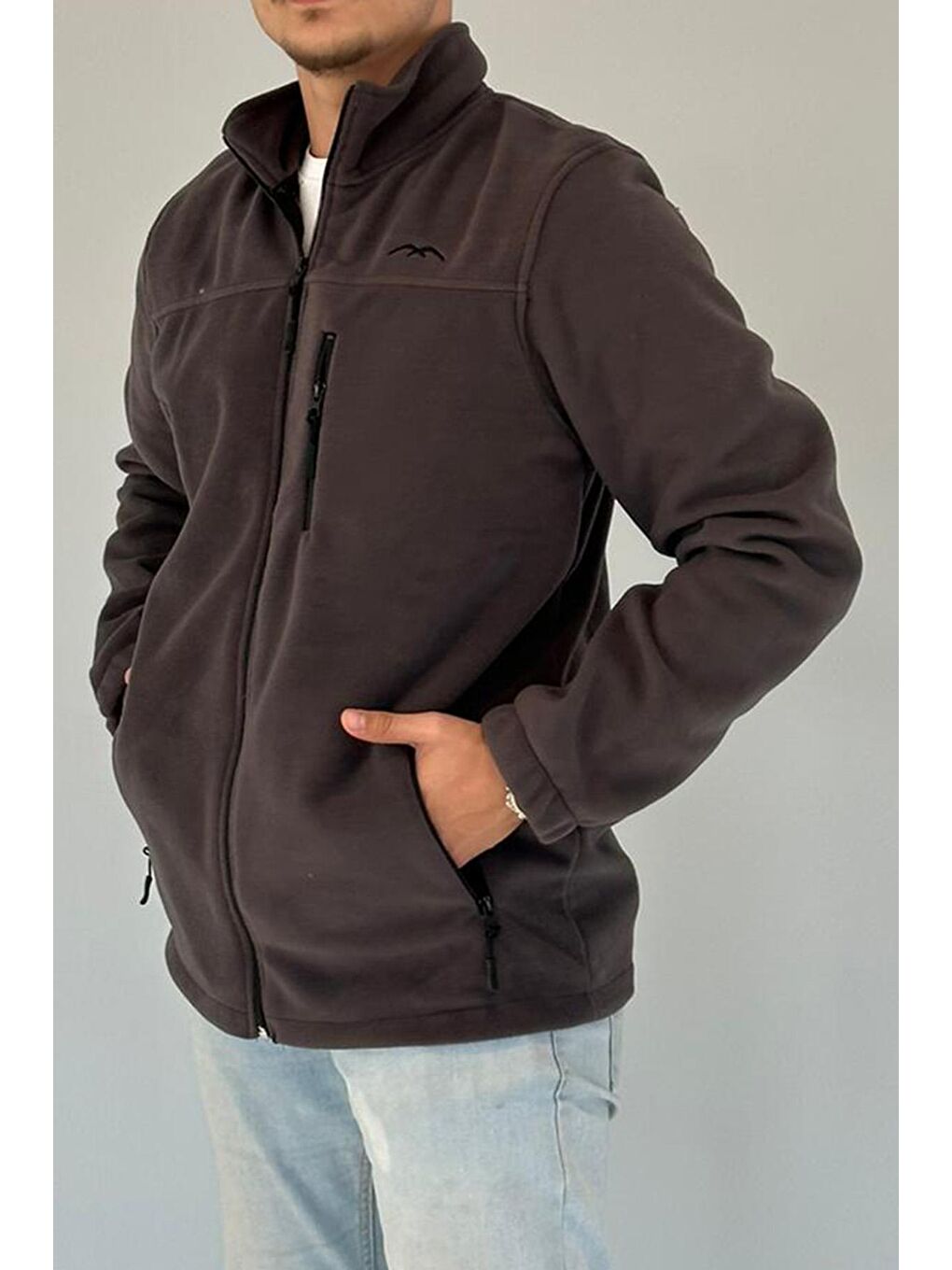 Gri 3 Cepli Dik Yaka Polar Erkek Fermuarlı Sweatshirt Hırka-2