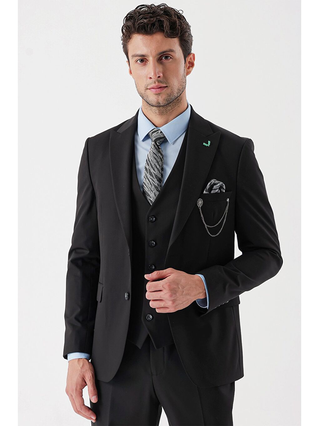 Siyah Desenli Armürlü Kırlangıç Yaka Yelekli Elastanlı 6 Drop Slim Fit Takım Elbise 1001235154