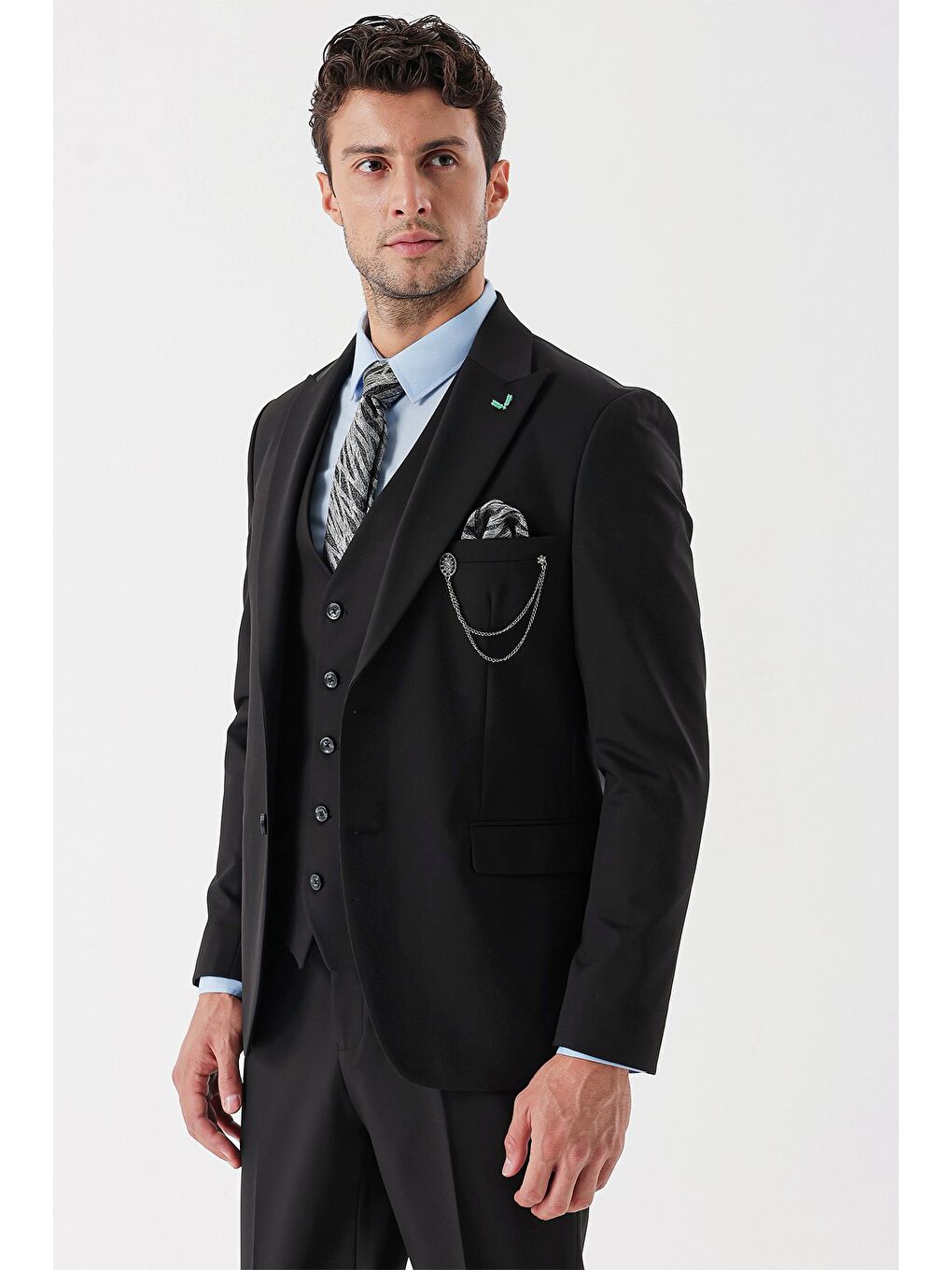 Siyah Desenli Armürlü Kırlangıç Yaka Yelekli Elastanlı 6 Drop Slim Fit Takım Elbise 1001235154-1