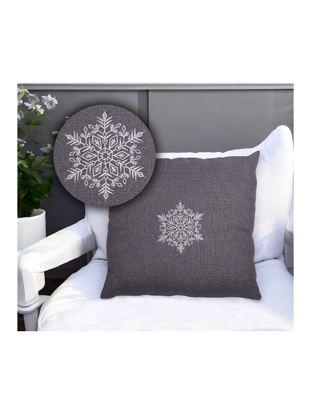 Nakışlı  Yılbaşı Konsepti  Kar Tanesi Desen 45x45 Dekoratif Kırlent Kılıfı Gri-1