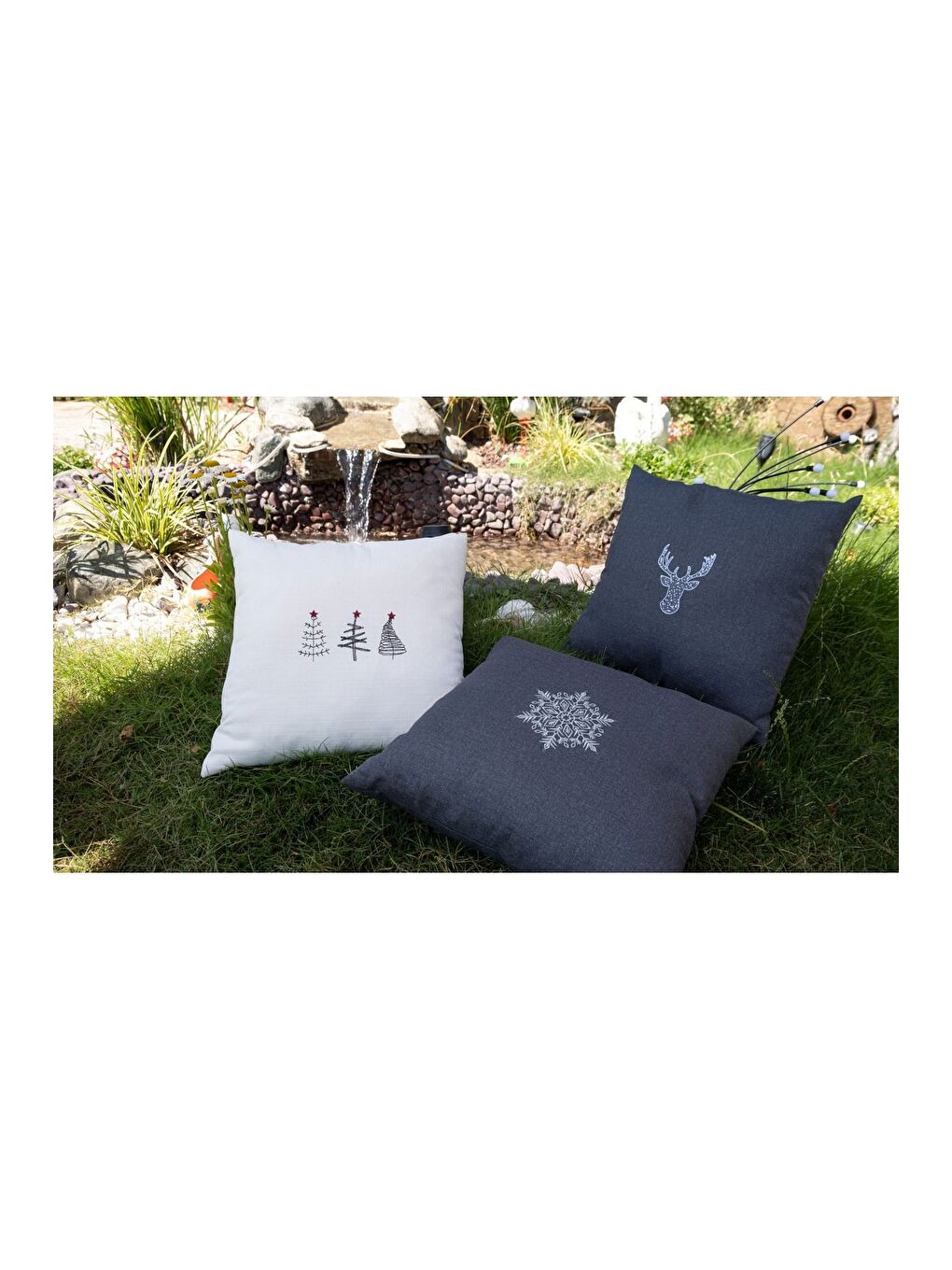 Nakışlı  Yılbaşı Konsepti  Kar Tanesi Desen 45x45 Dekoratif Kırlent Kılıfı Gri-3