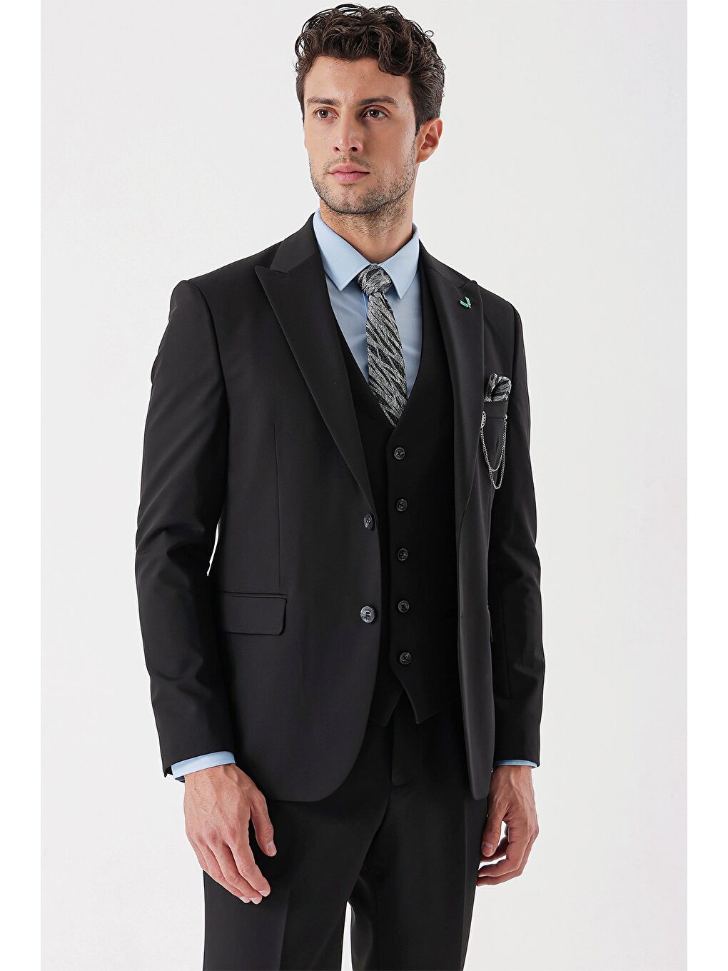 Siyah Desenli Armürlü Kırlangıç Yaka Yelekli Elastanlı 6 Drop Slim Fit Takım Elbise 1001235154-2