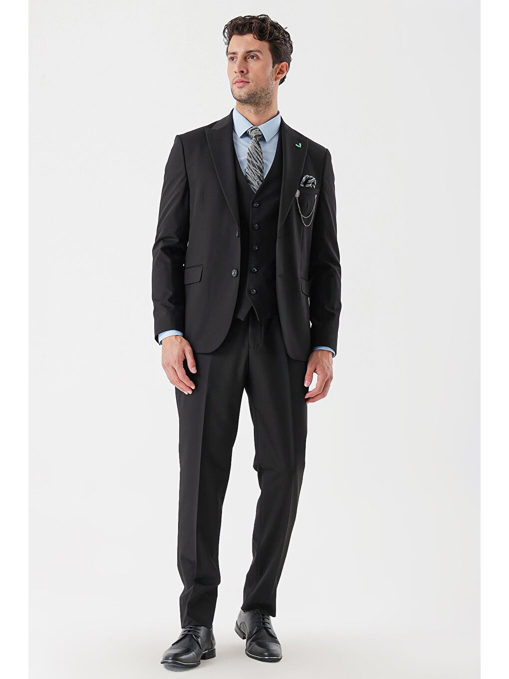 Siyah Desenli Armürlü Kırlangıç Yaka Yelekli Elastanlı 6 Drop Slim Fit Takım Elbise 1001235154-4