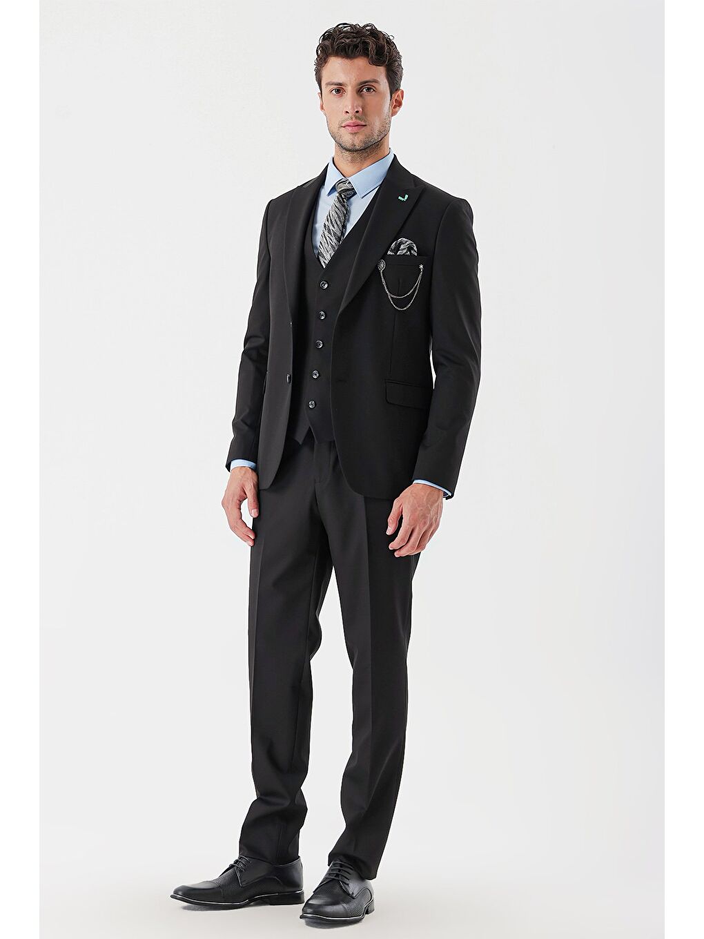 Siyah Desenli Armürlü Kırlangıç Yaka Yelekli Elastanlı 6 Drop Slim Fit Takım Elbise 1001235154-5