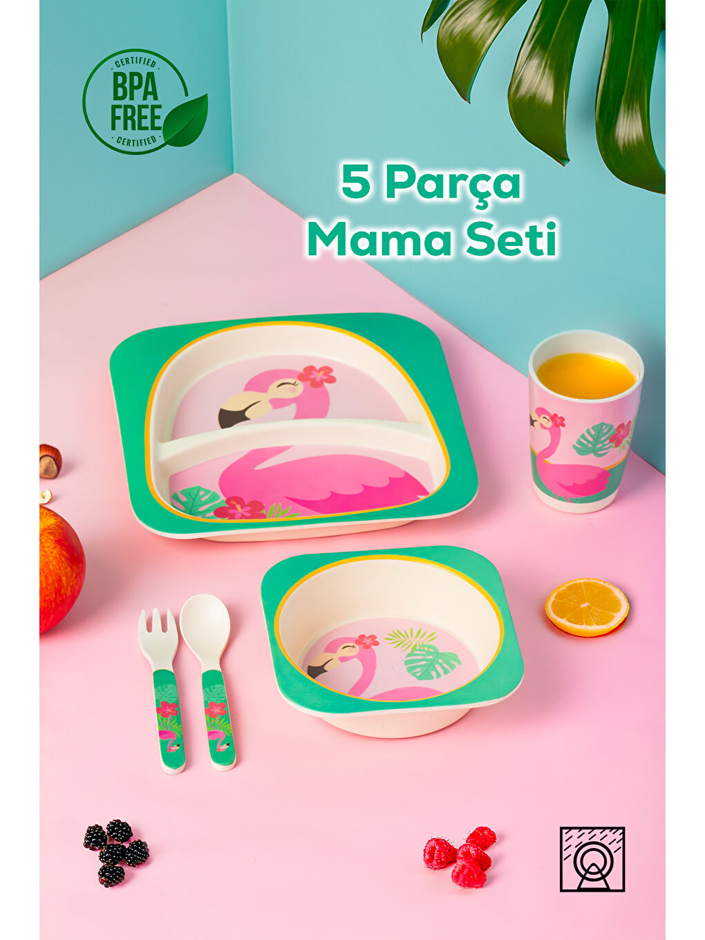 Porsima Mavi-Pembe 231 Figürlü Mama Seti Bebek Mama Tabağı Bambu Mama Seti Yemek Mama Seti Çocuk Yemek Seti - Takımı