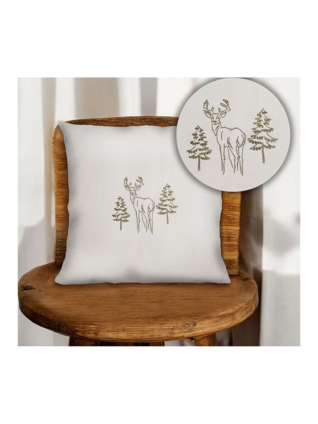 Ekru Nakışlı  Yılbaşı konsepti  Geyik Desen 45x45 Dekoratif Kırlent Kılıfı Krem-1