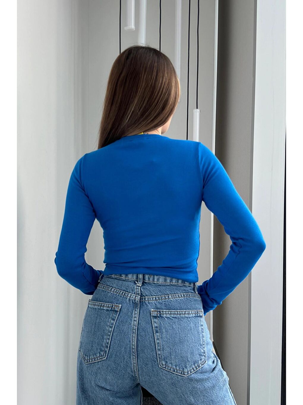 Saks Mavisi Yuvarlak Yaka Elastanlı Uzun Kol Body Bluz-1