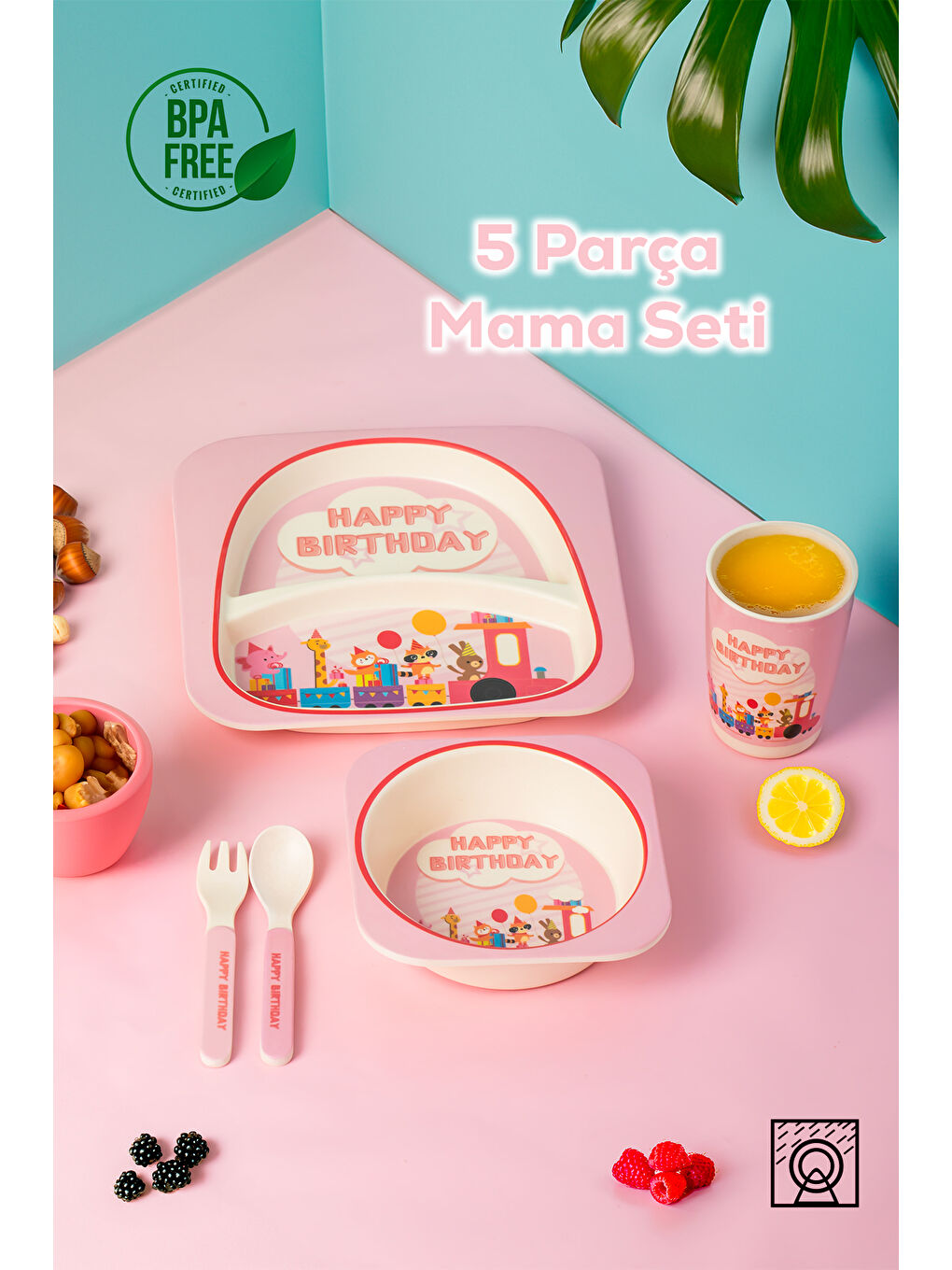 Porsima Açık Pembe 233 Figürlü Mama Seti Bebek Mama Tabağı Bambu Mama Seti Yemek Mama Seti Çocuk Yemek Seti - Takımı