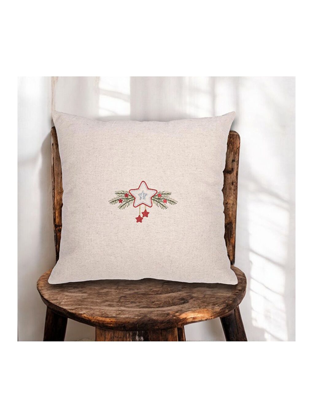 Ekru Nakışlı  Yılbaşı konsepti Keten kumaş Yıldız Desen 45x45 Dekoratif Kırlent Kılıfı Krem-1