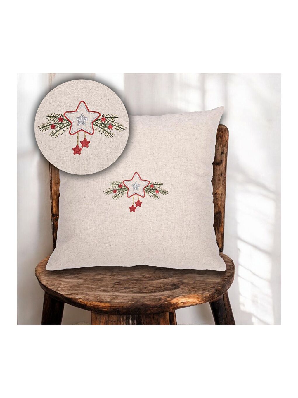Ekru Nakışlı  Yılbaşı konsepti Keten kumaş Yıldız Desen 45x45 Dekoratif Kırlent Kılıfı Krem-2