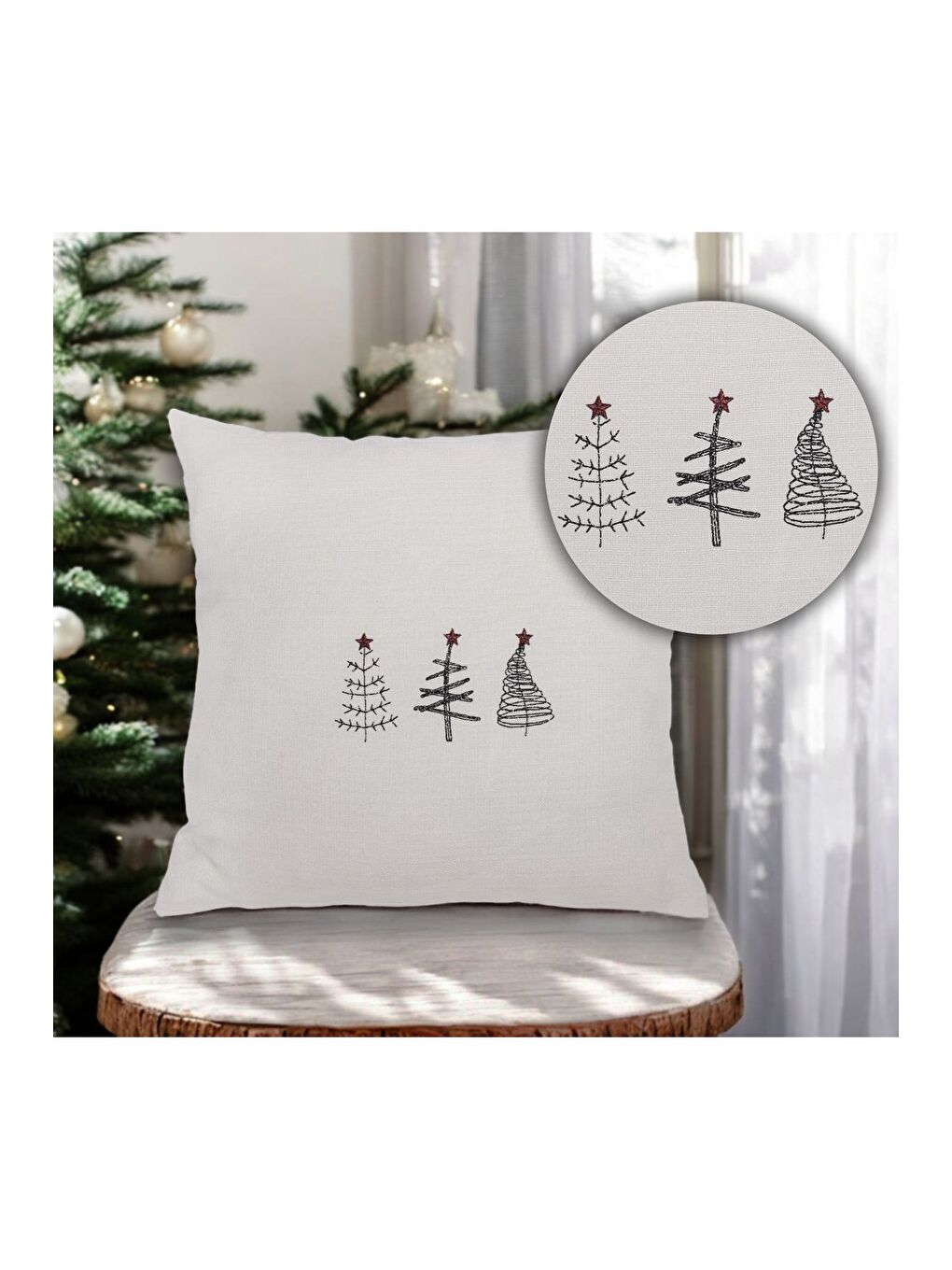 Ekru Nakış İşlemeli  Yılbaşı konsepti  Ağaç Desen 45x45 Dekoratif Kırlent Kılıfı-1