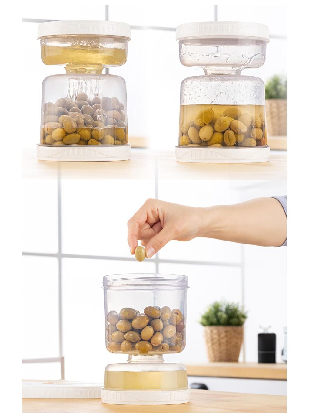 Renksiz 4'lü Set Süzgeçli Sızdırmaz Turşuluk Çevir Kullan Zeytinlik Saklama Kabı 1,5 Şeffaf-1