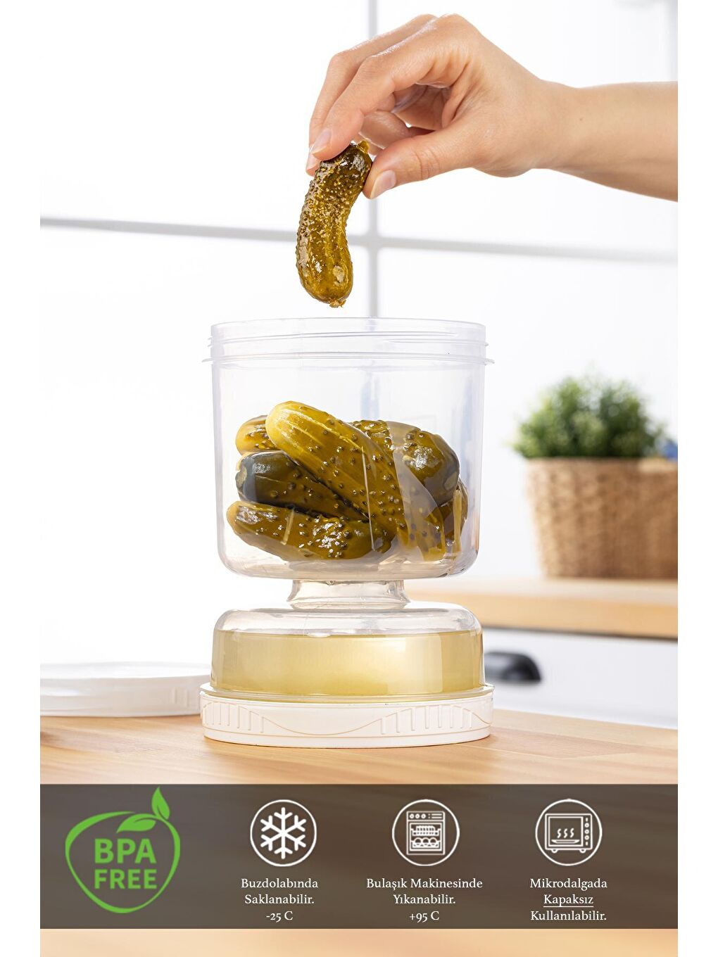 Renksiz 4'lü Set Süzgeçli Sızdırmaz Turşuluk Çevir Kullan Zeytinlik Saklama Kabı 1,5 Şeffaf-2