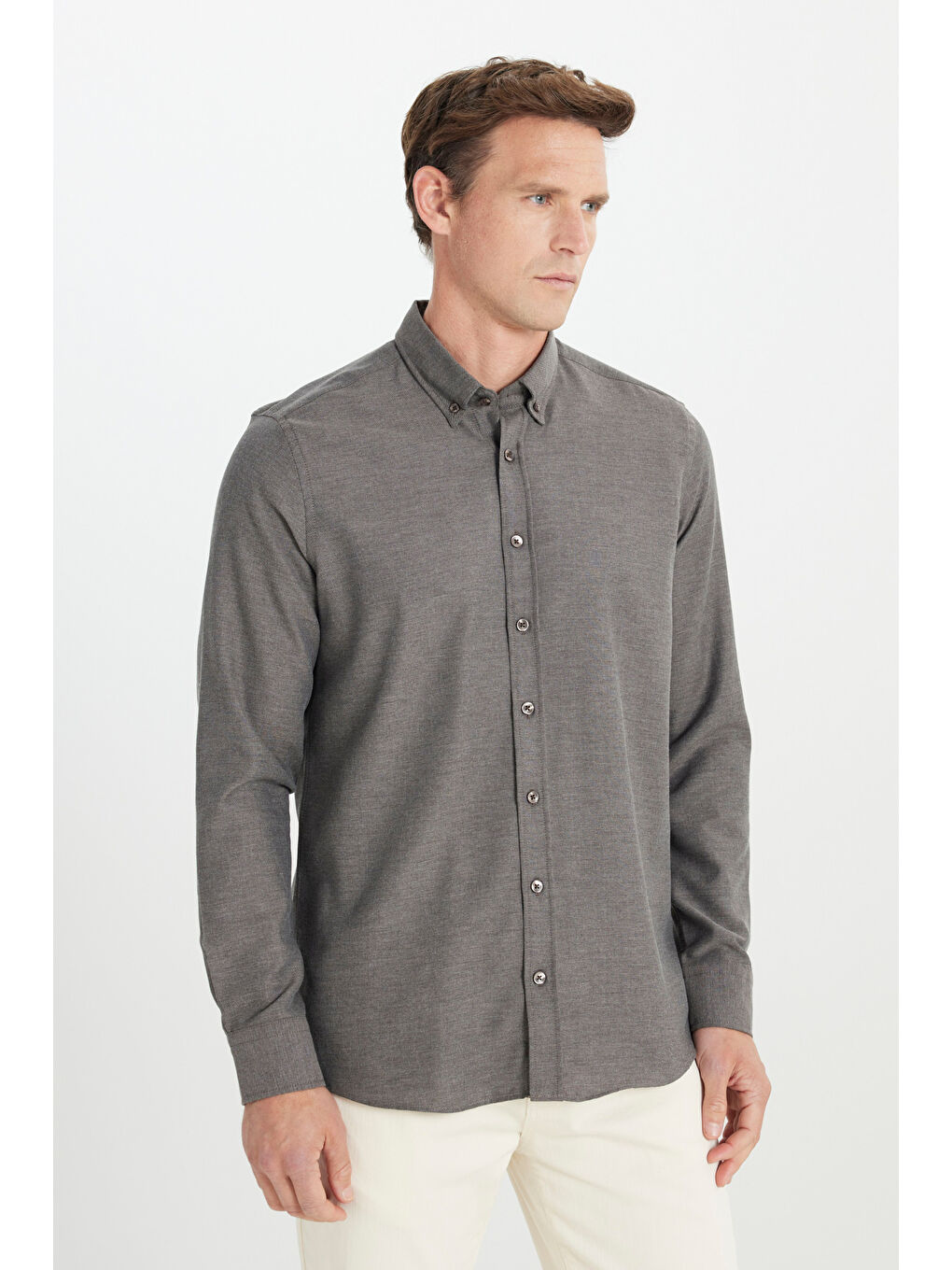 Erkek Kahverengi Pamuklu Flanel Slim Fit Dar Kesim Düğmeli Yaka Gömlek