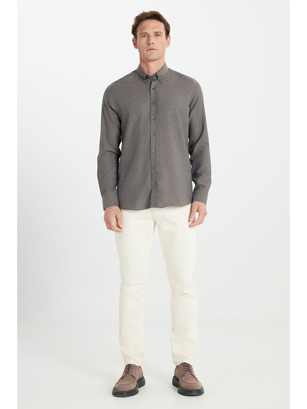 Erkek Kahverengi Pamuklu Flanel Slim Fit Dar Kesim Düğmeli Yaka Gömlek-1