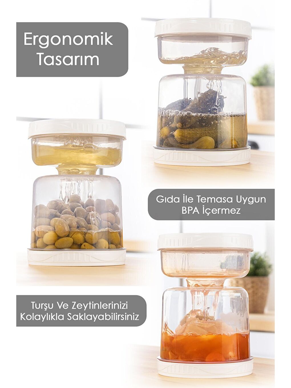 Renksiz 4'lü Set Süzgeçli Sızdırmaz Turşuluk Çevir Kullan Zeytinlik Saklama Kabı 1,5 Şeffaf-3